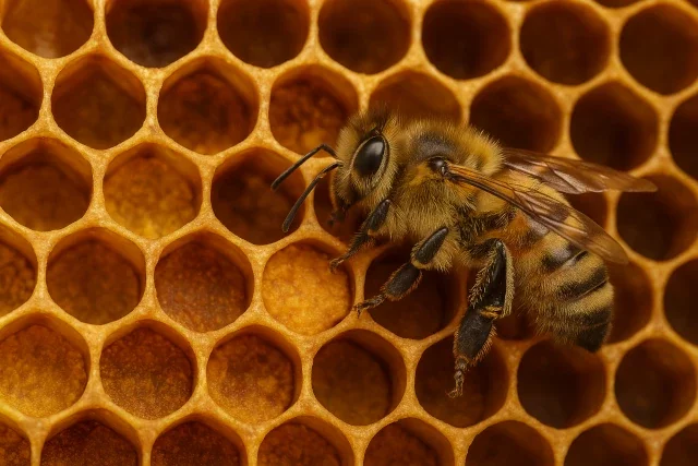 How do bees make pollen bread? Honeybee storing bee bread in hexagonal comb cells